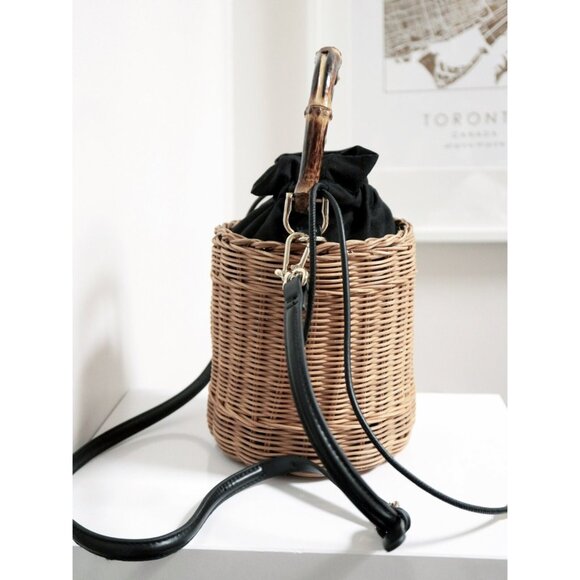 ZARA Black & Beige Woven Rattan Straw Crossbody Bucket Bag - Picture 6 of 8